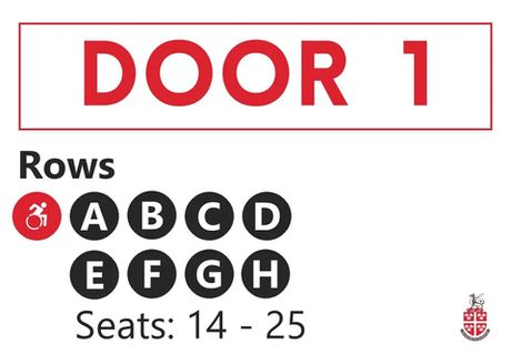 A sign reading 'Door 1' in bold red lettering. Underneath several black circles with letters for rows A - H sit. There is then a line reading Seats 14-25. A small icon sits in the bottom right corner.