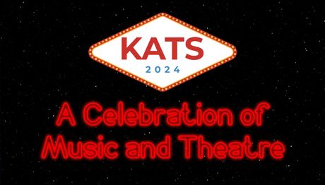 The logo from above on a black starry background, with 'A Celebration of Music and Theatre' written in a neon font underneath the logo.